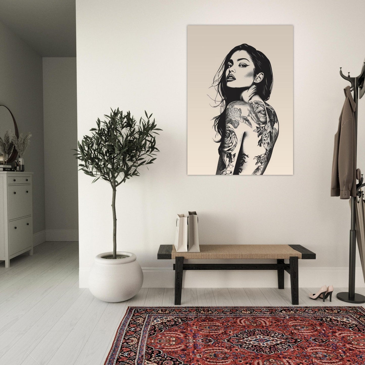 Black & beige tattooed woman art poster - Sillystroke