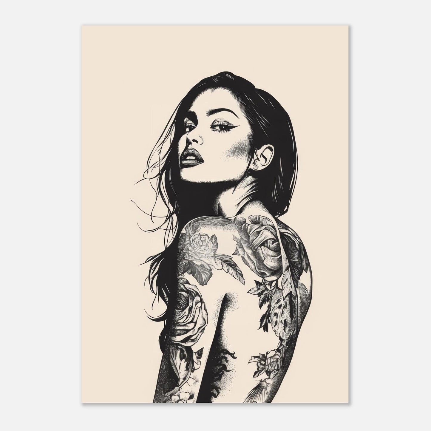 Black & beige tattooed woman art poster - Sillystroke