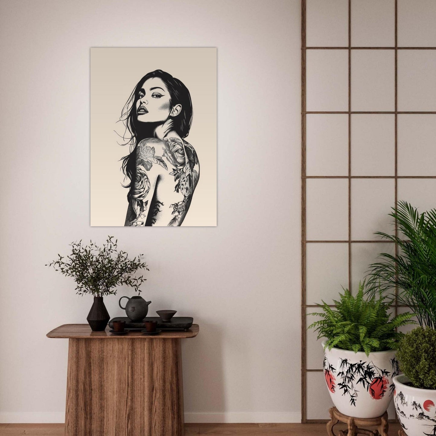 Black & beige tattooed woman art poster - Sillystroke