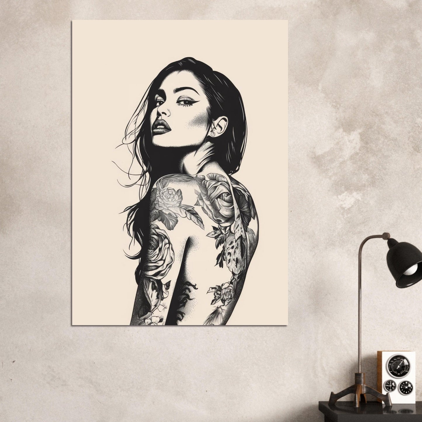 Black & beige tattooed woman art poster - Sillystroke