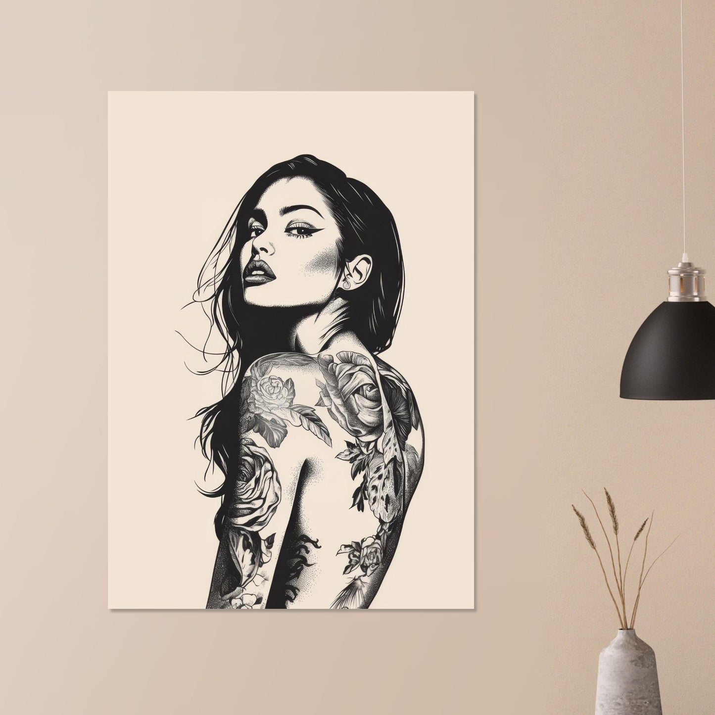 Black & beige tattooed woman art poster - Sillystroke