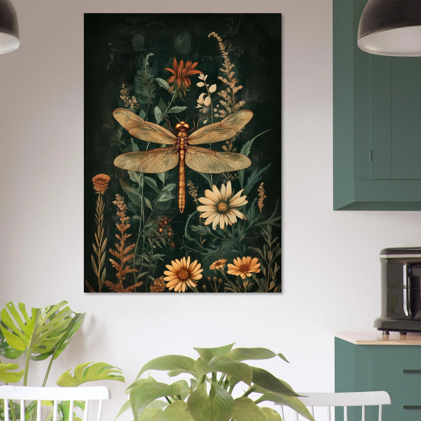 Golden dragonfly botanical poster - Sillystroke