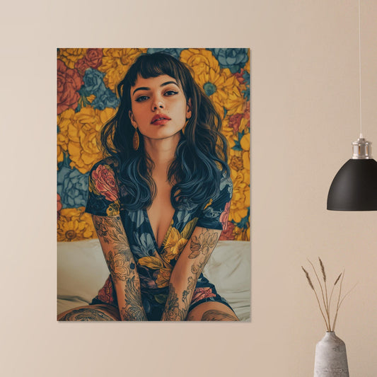 Modern Vintage Woman with Tattoos Flower Poster - Sillystroke
