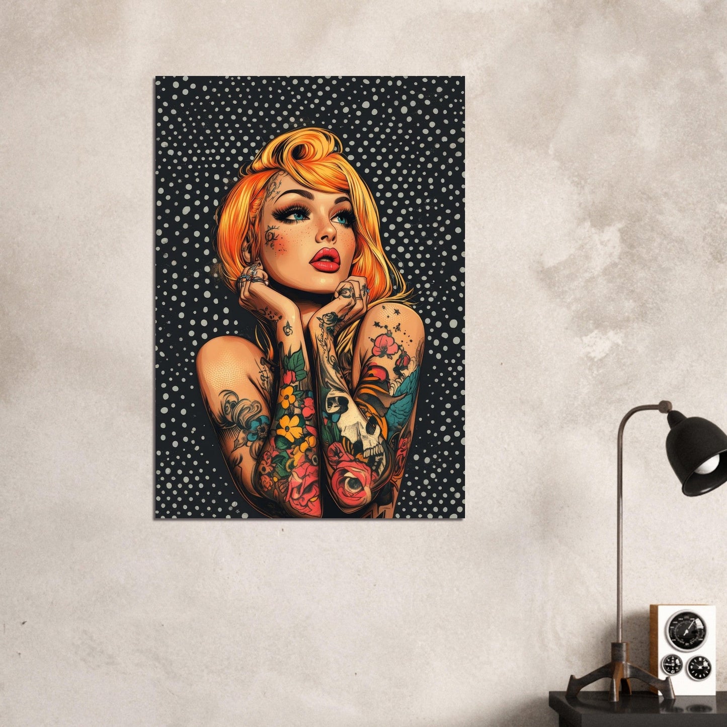 Tattooed woman black dots comic poster - Sillystroke