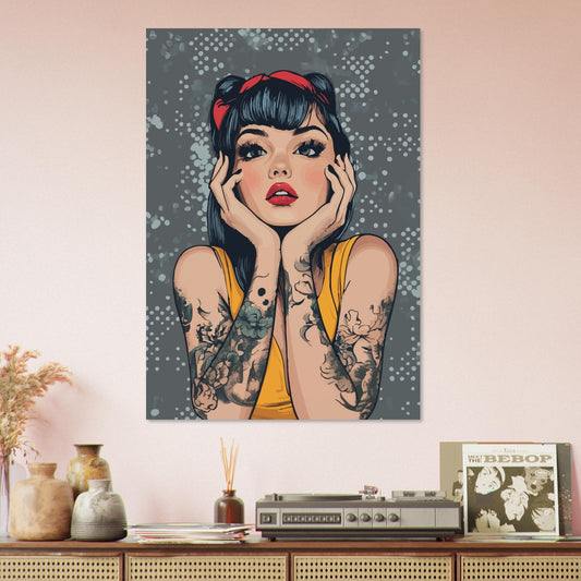 Tattooed woman grey dots comic poster - Sillystroke