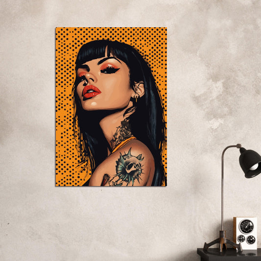 Tattooed woman in black and orange comic poster - Sillystroke