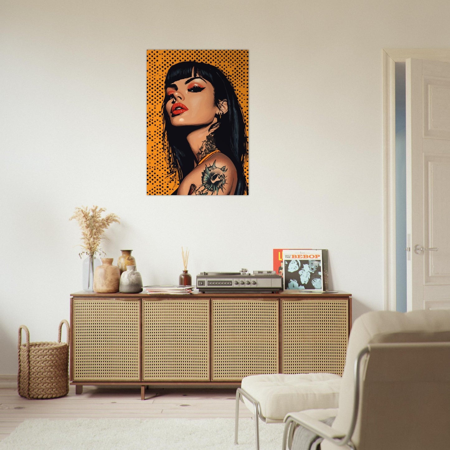 Tattooed woman in black and orange comic poster - Sillystroke