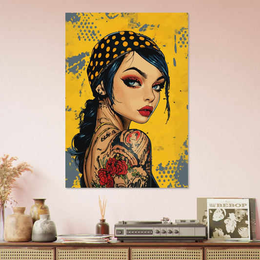 Tattooed woman in bland and yellow comic poster - Sillystroke