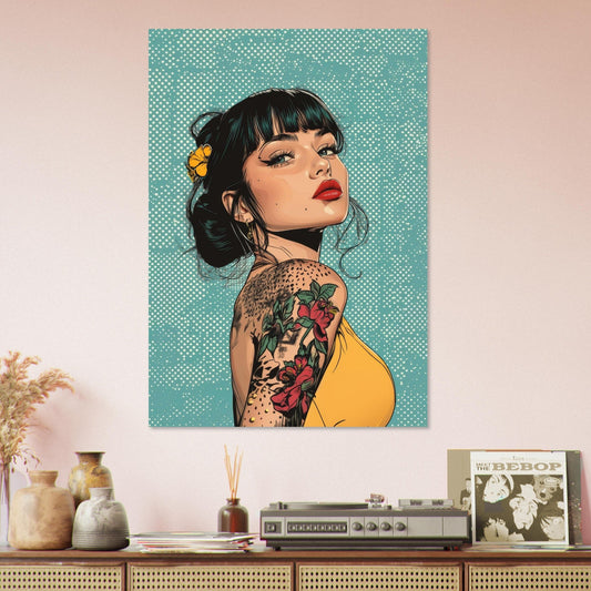 Tattooed woman in blue splash comic poster - Sillystroke