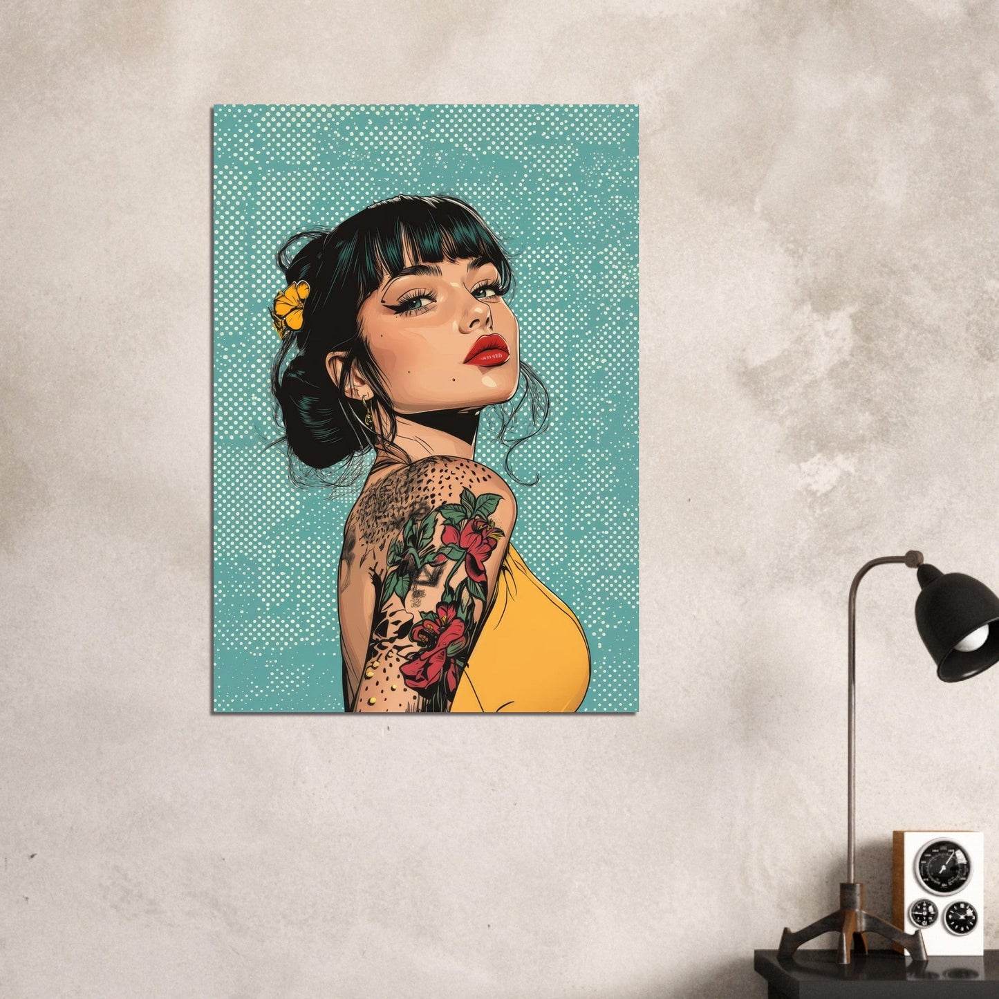 Tattooed woman in blue splash comic poster - Sillystroke