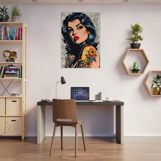 Tattooed woman in grey dot comic poster - Sillystroke