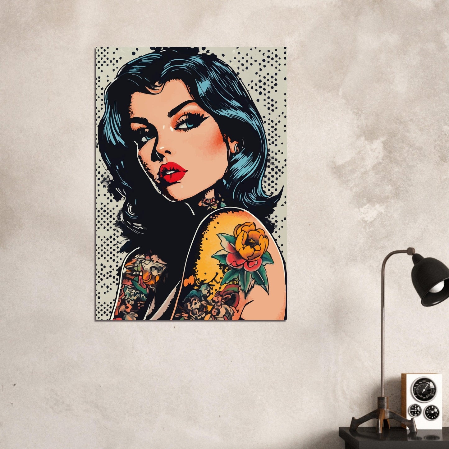 Tattooed woman in grey dot comic poster - Sillystroke