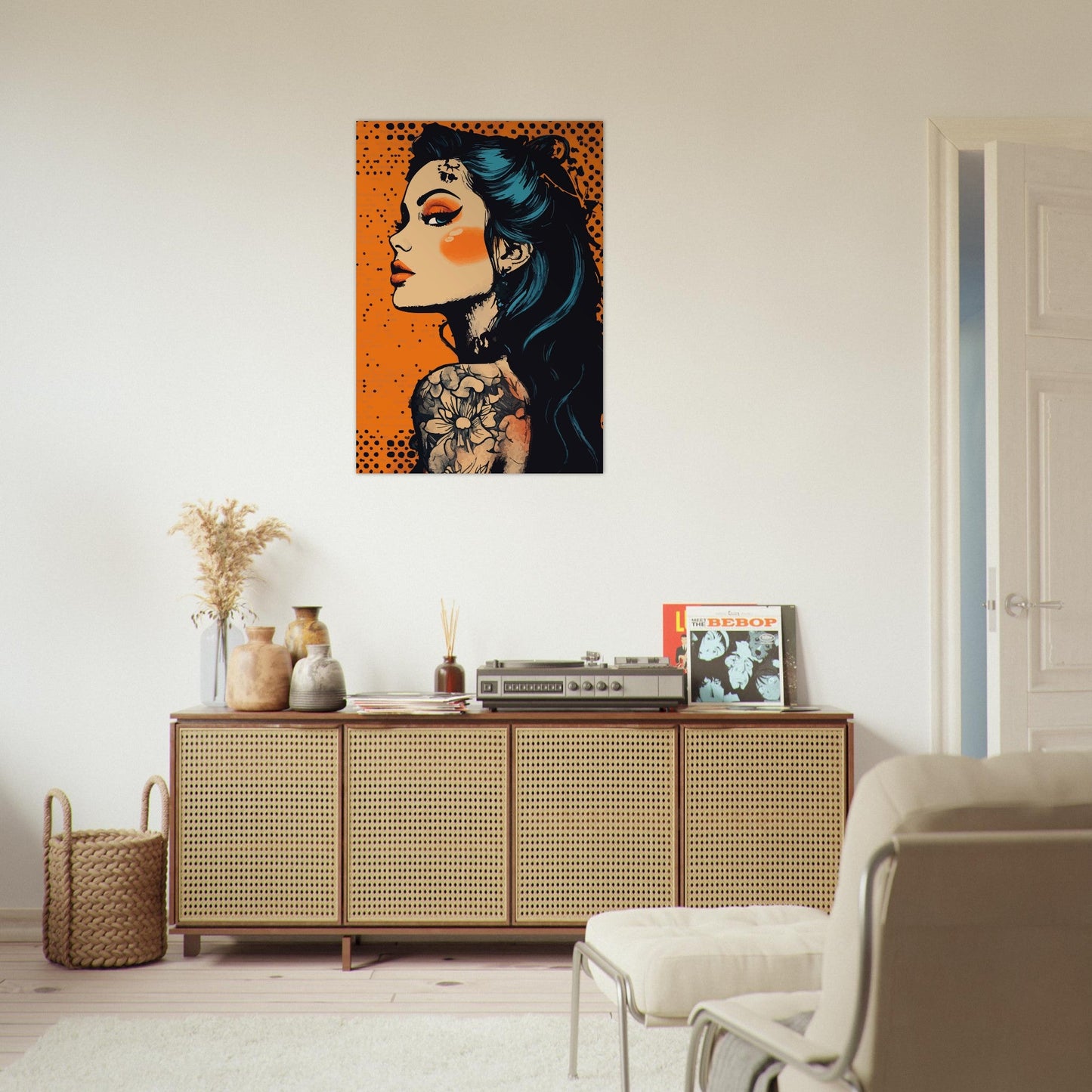 Tattooed woman in orange dots comic poster - Sillystroke