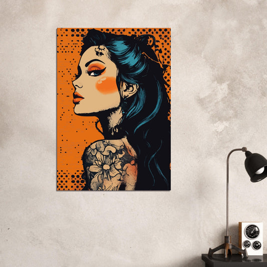 Tattooed woman in orange dots comic poster - Sillystroke