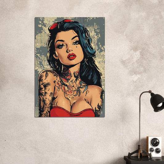 Tattooed woman in red comic poster - Sillystroke