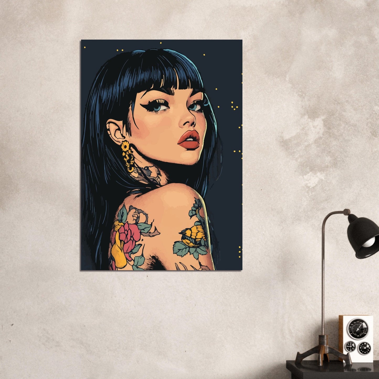 Tattooed woman in splashed dots comic poster - Sillystroke