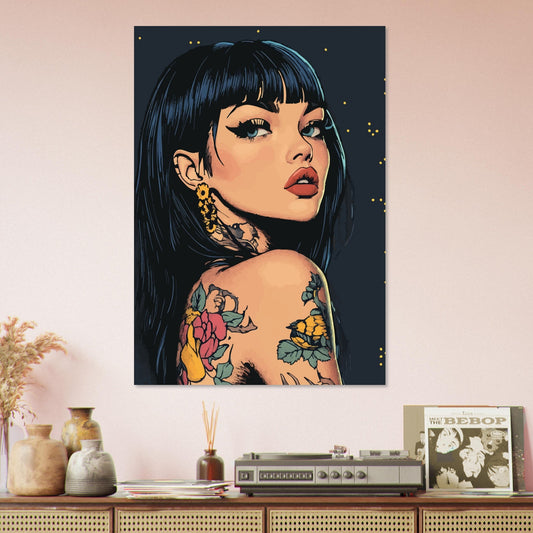 Tattooed woman in splashed dots comic poster - Sillystroke