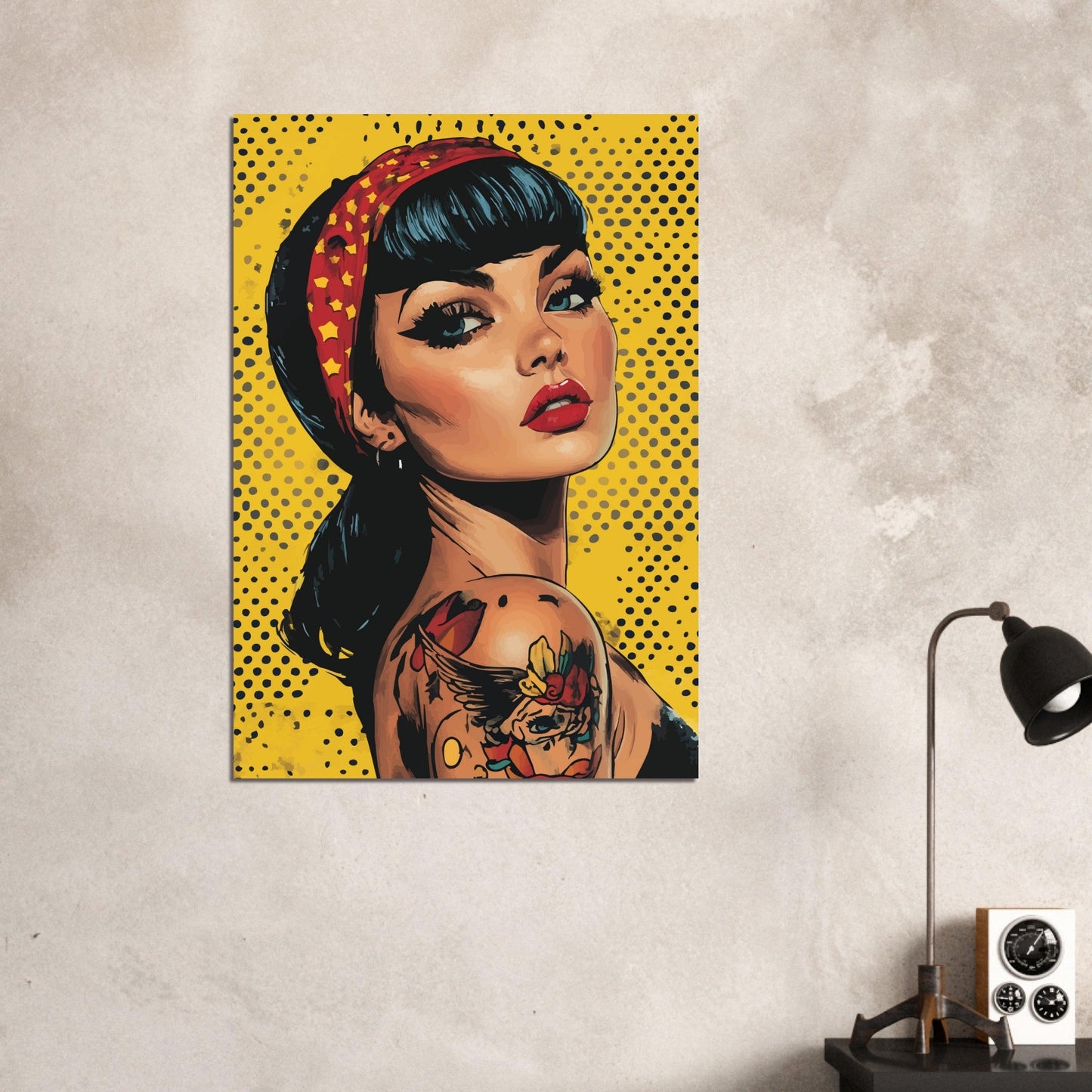 Tattooed woman in yellow dot comic poster - Sillystroke