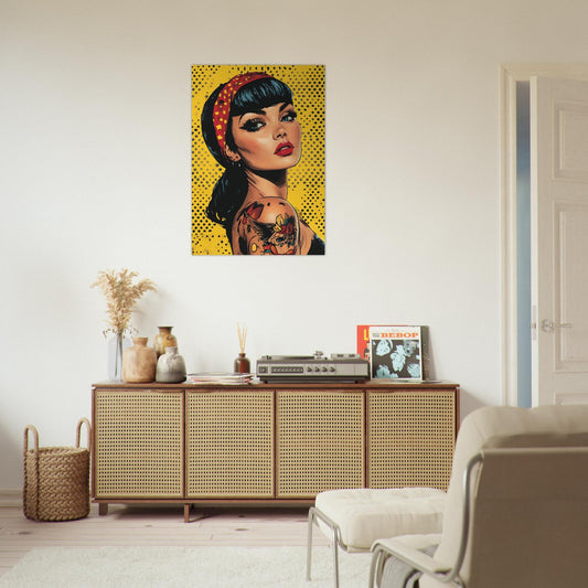 Tattooed woman in yellow dot comic poster - Sillystroke
