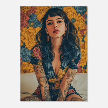 Modern Vintage Woman with Tattoos Flower Poster - Sillystroke