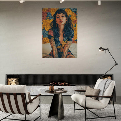 Modern Vintage Woman with Tattoos Flower Poster - Sillystroke