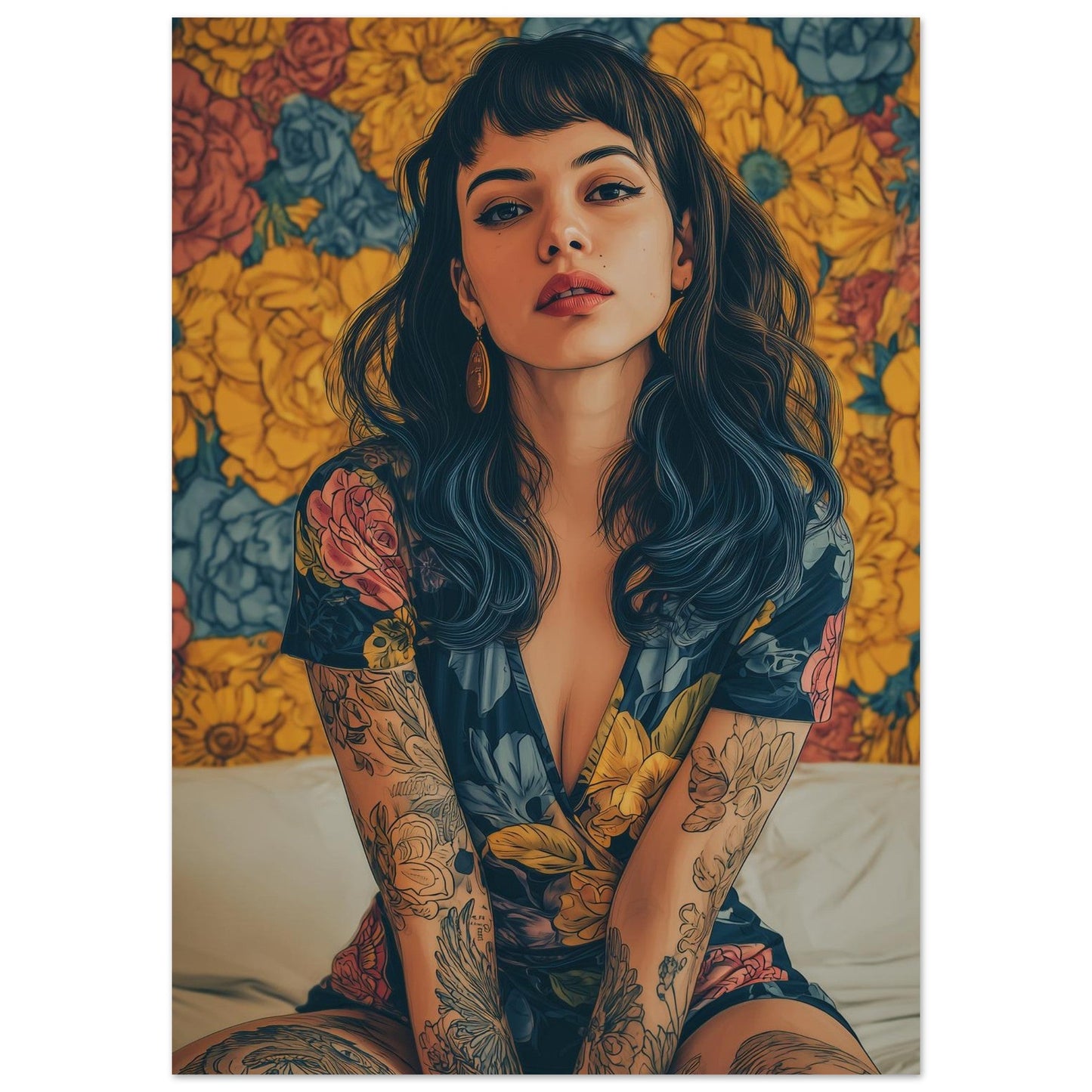 Modern Vintage Woman with Tattoos Flower Poster - Sillystroke