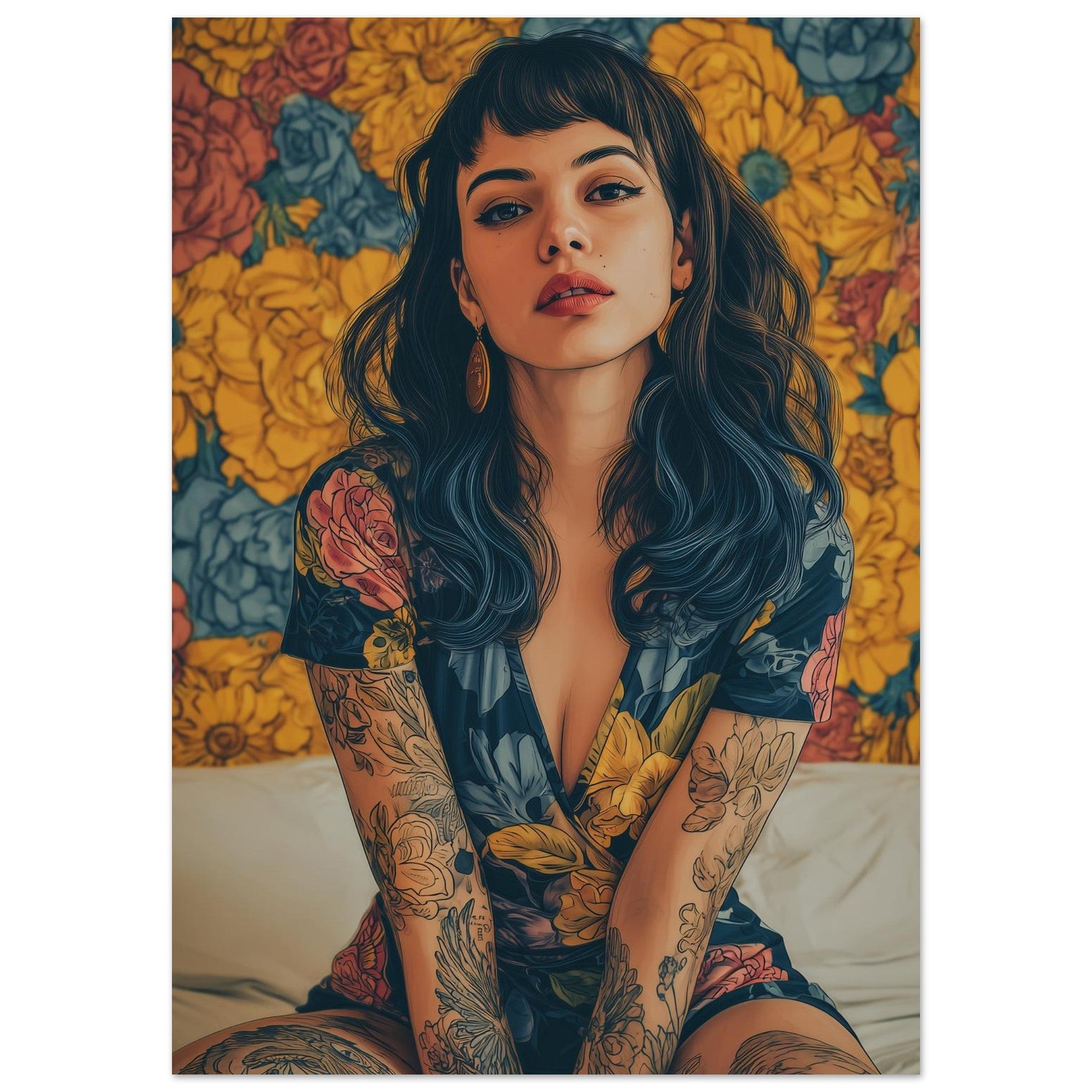 Modern Vintage Woman with Tattoos Flower Poster - Sillystroke