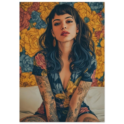 Modern Vintage Woman with Tattoos Flower Poster - Sillystroke